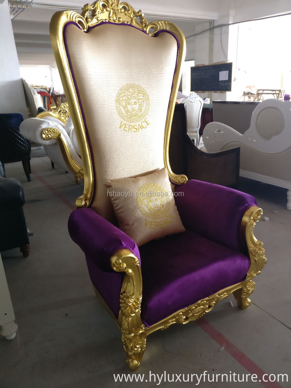 Supply royal king throne chair, PU bergere chair, purple leather hotel high back chair